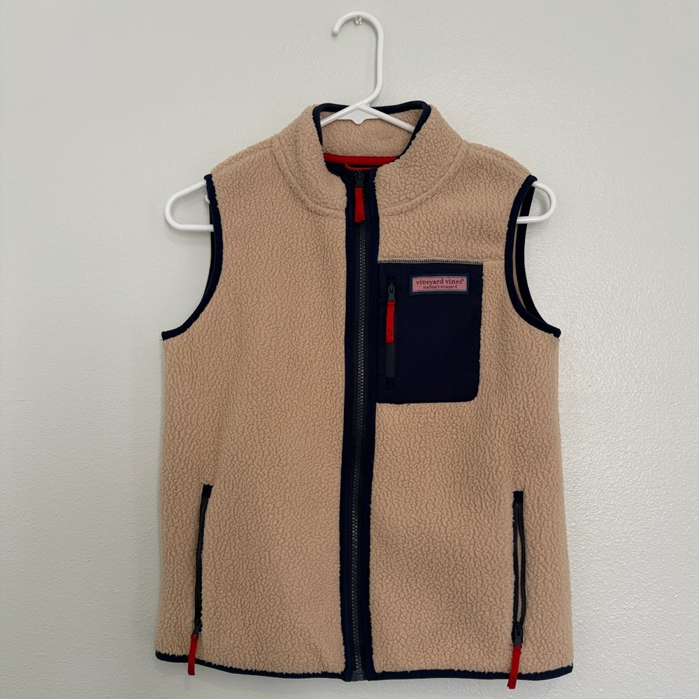 Vineyard Vines Kids Sherpa Fleece Vest Tan Navy Full Zip Size M (12-14)